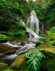 Obraz premium Bella cascada natural y bosque verde