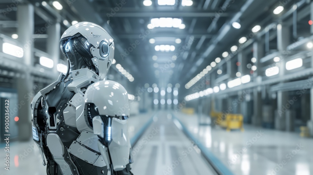 Aufkleber White humanoid robot in an advanced factory environment. Depiction of futuristic AI and robotic technology.
