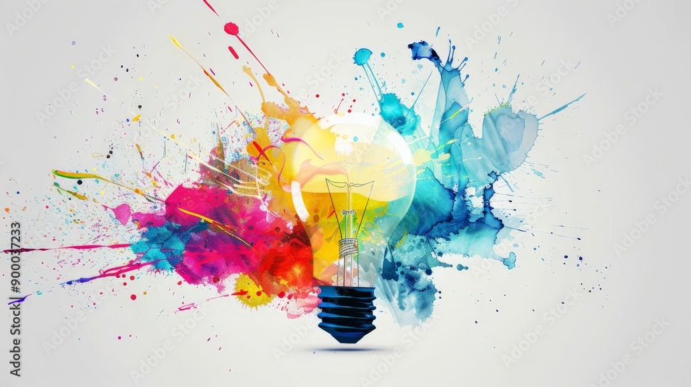 Poster light bulb with vibrant colors and paint splashes. representing creativity and bright ideas.