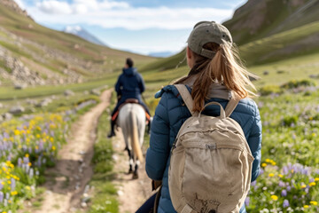A woman hikes along a beautiful trail as a rider on horseback continues ahead, surrounded by vibrant wildflowers in a serene mountain setting.