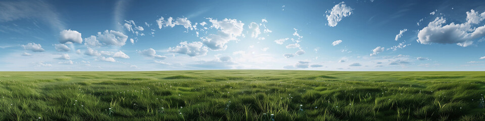 Breathtaking Landscape Panorama with Lush Grasslands, Majestic Snow-Capped Mountains, and a Serene Blue Sky, Perfect as a Desktop Wallpaper or Background Image.