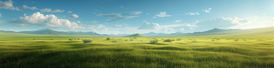 Obraz premium Breathtaking Landscape Panorama with Lush Grasslands, Majestic Snow-Capped Mountains, and a Serene Blue Sky, Perfect as a Desktop Wallpaper or Background Image.