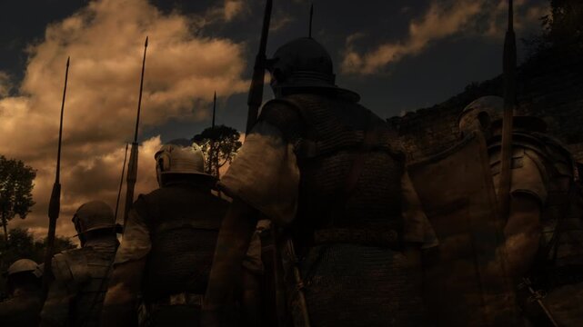 Medieval warriors show chivalry and battle skills at dusk on historic battlefield