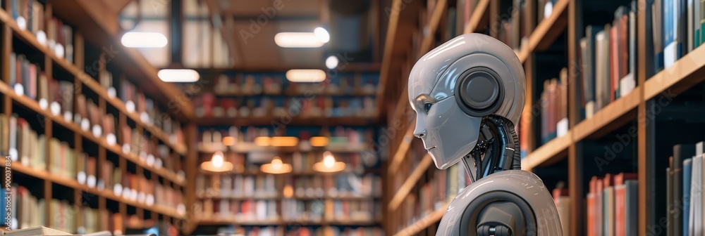 Poster Robot in a modern library surrounded by books. Symbolizes the integration of technology with education and information.