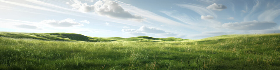 Breathtaking Landscape Panorama with Lush Grasslands, Majestic Snow-Capped Mountains, and a Serene Blue Sky, Perfect as a Desktop Wallpaper or Background Image.