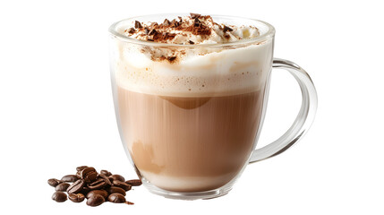 Foamy coffee cappuccino with wiped milk and coco powder on top, in double glass mug isolated on white background.