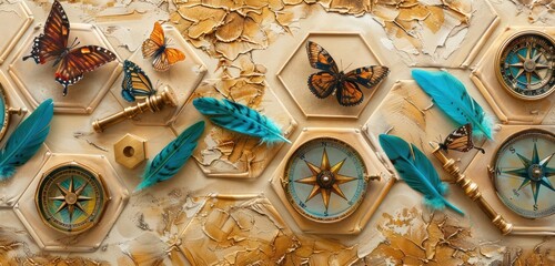 Elongated canvas of hexagons containing teal feathers, golden butterflies, and polished brass compasses against an amber textured backdrop