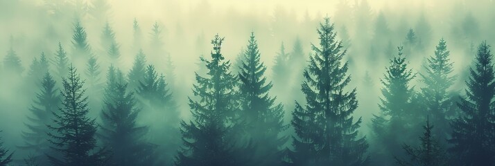 Soft focus on a fir forest in dense fog, shot with a classic Lomo camera effect