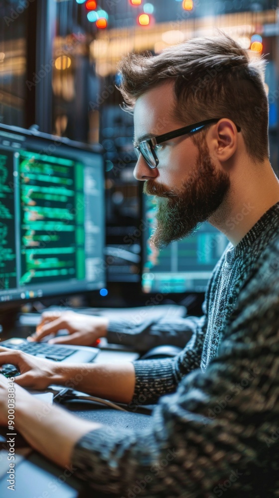 Aufkleber a man with glasses and a beard is typing on a computer