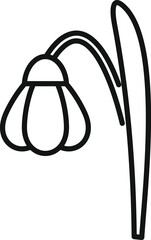 Simple line drawing of a snowdrop flower with leaf, isolated on a white background