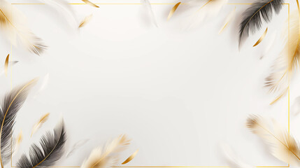 Elegant white and gold feather frame on light background. Luxury and decorative art concept. Stylish feather border design. Sophisticated and glamorous decorative elements.