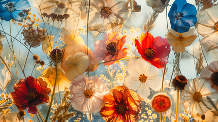 autumn leaves, pressed wildflowers with color, blue, red, brown and orange, aesthetic floral background