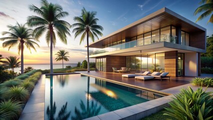 Luxurious modern villa featuring clean lines and minimalist design surrounded by swaying palm trees and a sprawling infinity pool overlooking a serene landscape.