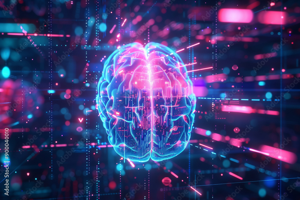 Poster futuristic visualization of a glowing human brain with neon blue and pink lights in a high-tech digi