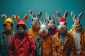 Cheerful bright hares in clothes on a bright multi-colored background.