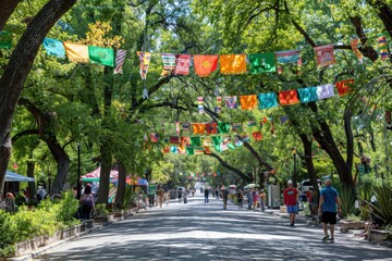Naklejka premium A vibrant street scene under a canopy of colorful flags and banners, with people walking and enjoying the lively atmosphere. 