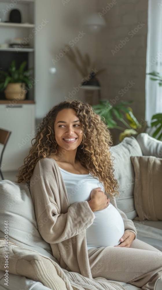 Wall mural A woman is sitting on a couch with a baby bump