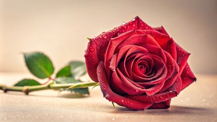Fototapeta premium Isolated beautiful single long-stemmed red rose with delicate velvety petals and subtle dew drops against a soft creamy white neutral background.