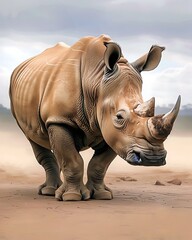 Fototapeta premium Young rhino playing in a protected reserve, oil painting style, semi-close-up, experienced professional design, more clarity with clear light and sharp focus, high detailed