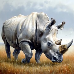Fototapeta premium Rhinoceros grazing on grass, oil painting texture, semi-close-up, experienced template designer, more clarity with clear light and sharp focus, high detailed