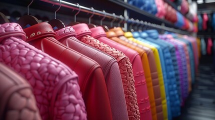 Obraz premium Colorful jackets hanging in a row in a store.