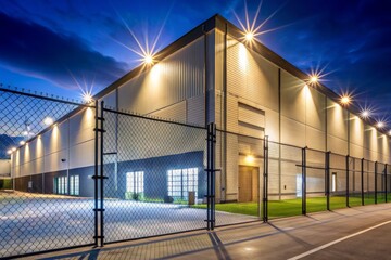 A well-lit warehouse exterior at night, surrounded by a sturdy fence, emphasizing robust security measures to safeguard valuable assets and prevent unauthorized access.