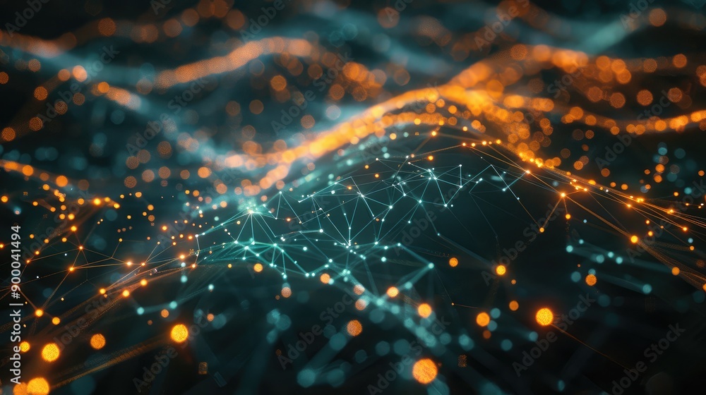 Poster intricate 3d mesh with glowing particles and interconnected lines, illustrating technological connec