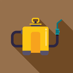 Yellow garden sprayer for pesticides and herbicides with a long shadow is standing on a brown background