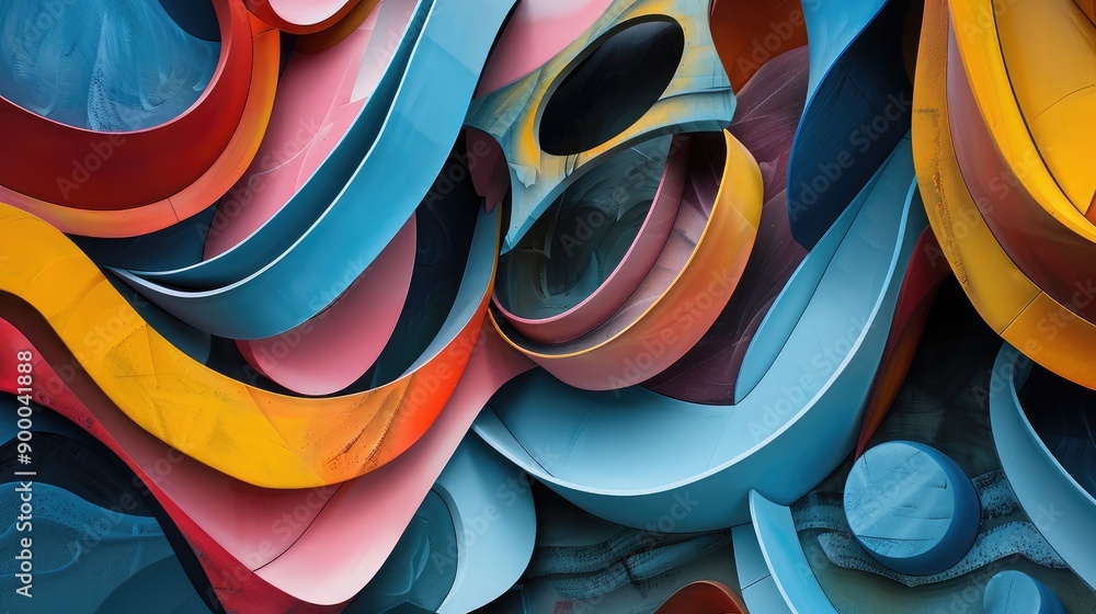 Poster layered 3d abstract shapes with a mix of colors and textures, adding visual interest and depth.