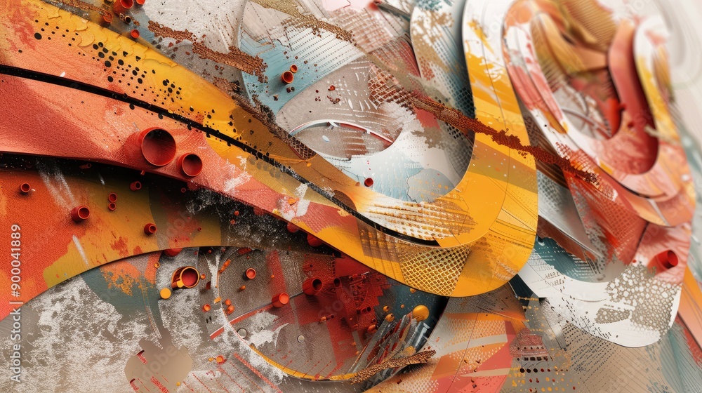 Poster layered 3d abstract shapes with a mix of colors and textures, adding visual interest and depth.