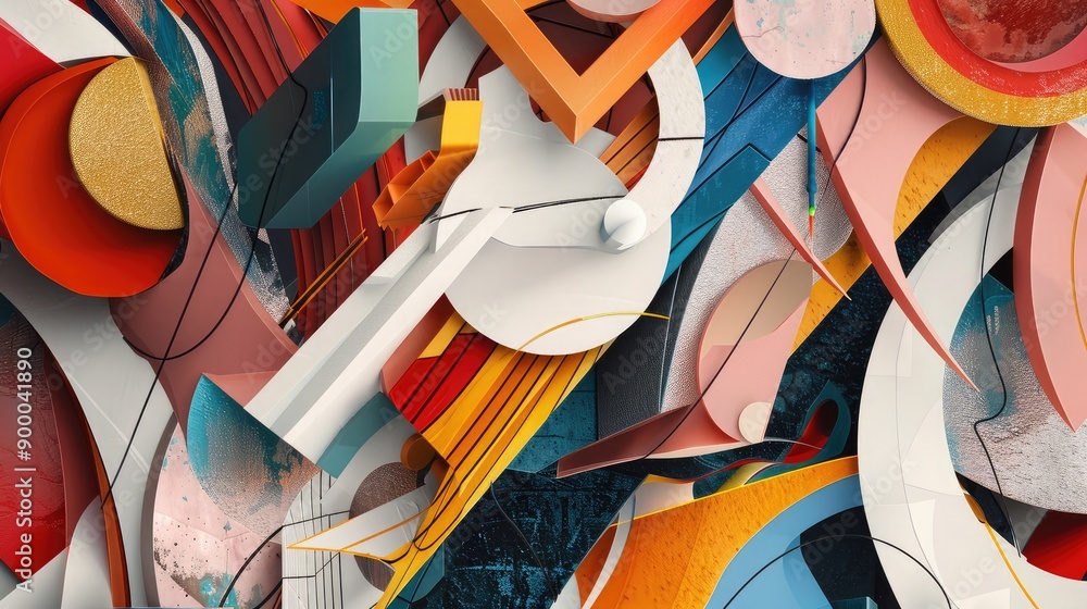 Poster abstract shapes with a mix of colors and textures, adding visual interest and depth.