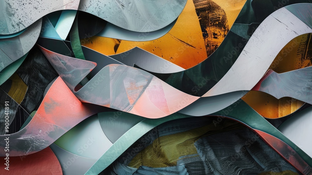 Poster abstract shapes with a mix of colors and textures, adding visual interest and depth.