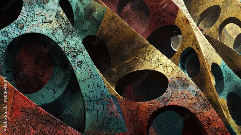 Poster abstract shapes with a mix of colors and textures, adding visual interest and depth.