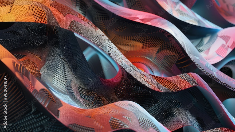 Poster abstract shapes with a mix of colors and textures, adding visual interest and depth.