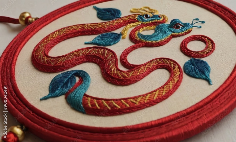 Poster a red and blue snake with a leaf on its tail is embroidered on a white backgroun