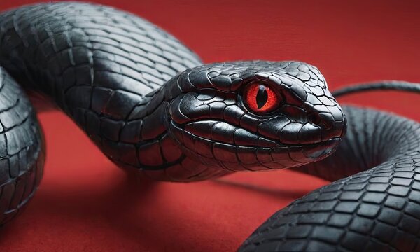 A black snake with red eyes is laying on a red background