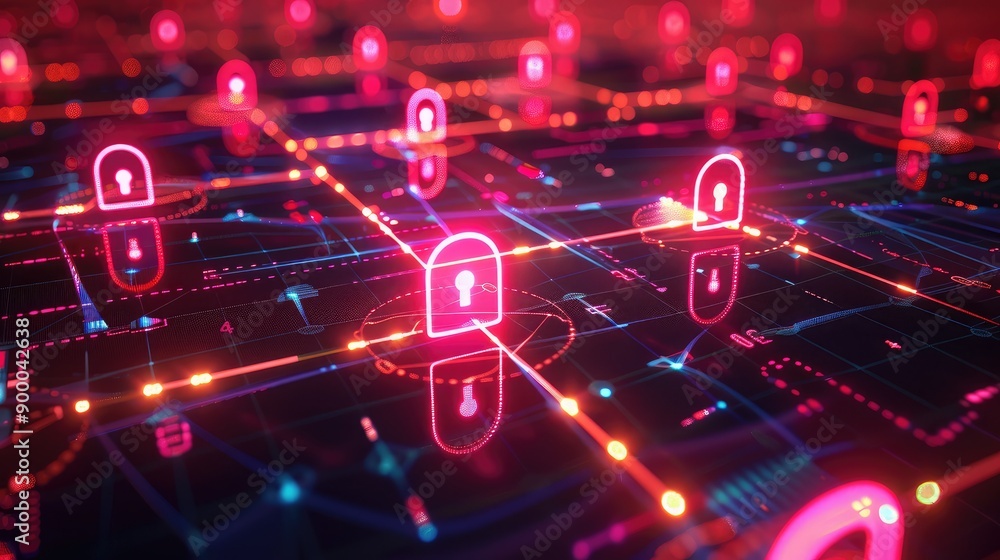 Poster network security icons on a glowing abstract background, symbolizing safe and secure digital connect