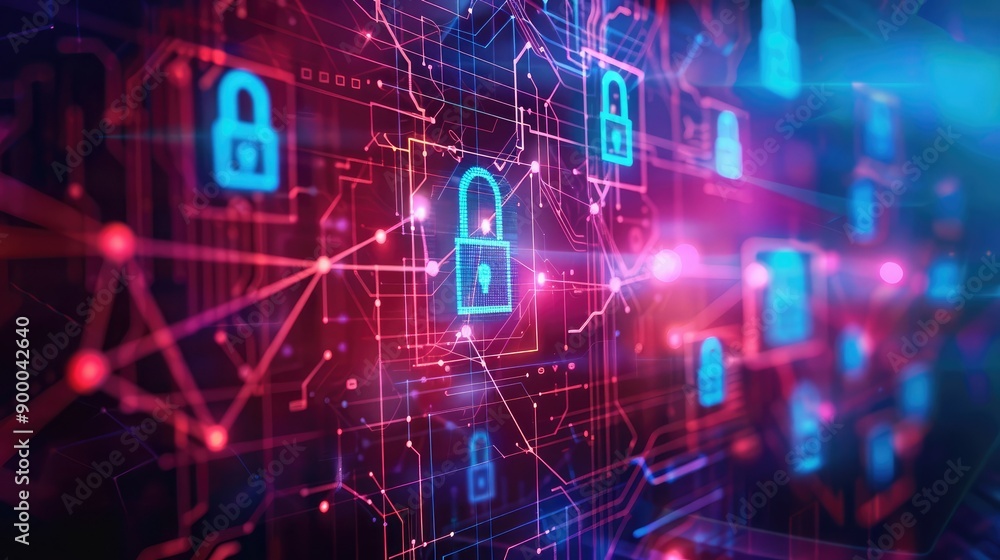Poster network security icons on a glowing abstract background, symbolizing safe and secure digital connect