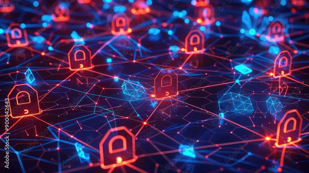 Poster network security icons on a glowing abstract background, symbolizing safe and secure digital connect