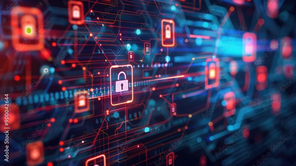 Poster network security icons on a glowing abstract background, symbolizing safe and secure digital connect