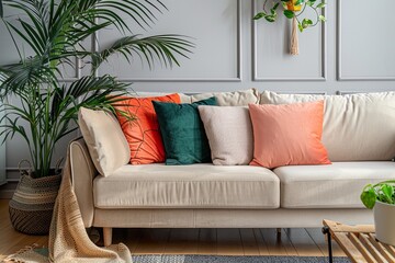 Beige Sofa with Colorful Pillows and Houseplants.
