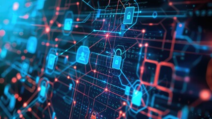Network security icons overlaid on an abstract tech background, illustrating digital protection and safety.