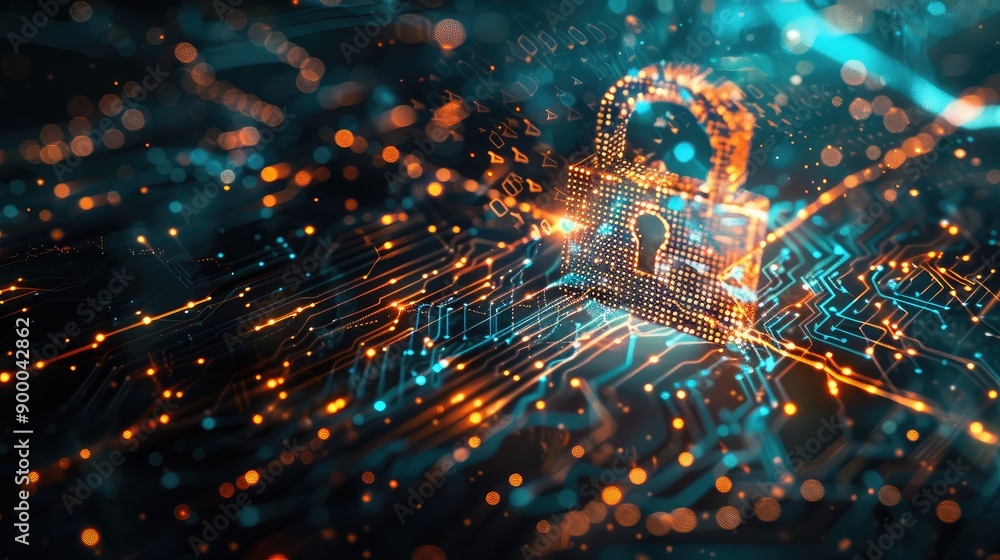 Poster padlock and key icons over an abstract tech background, symbolizing network security and encryption.