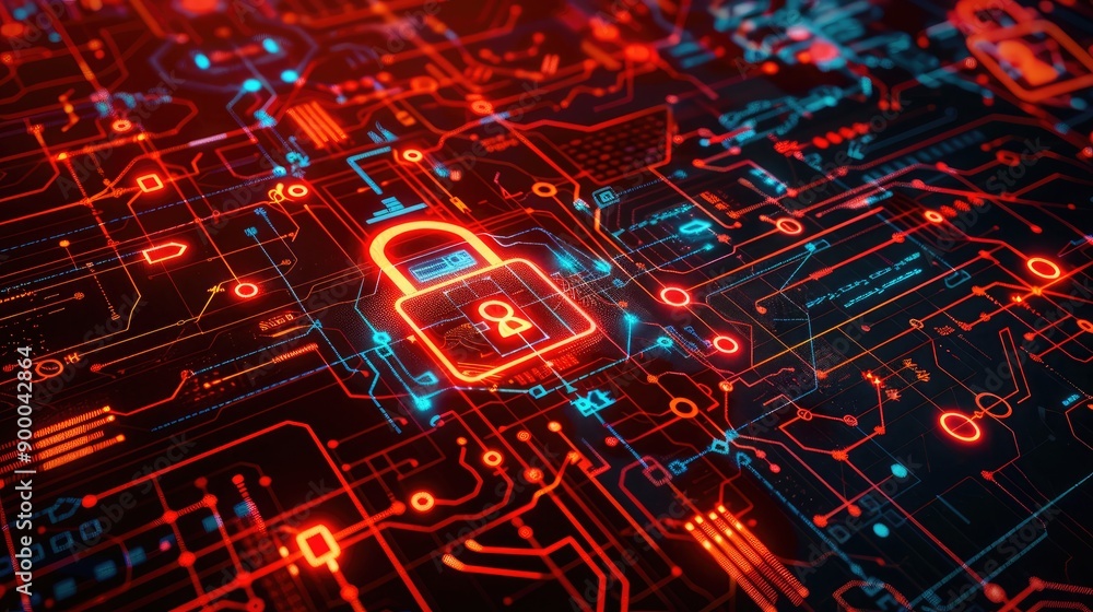 Poster padlock and key icons over an abstract tech background, symbolizing network security and encryption.