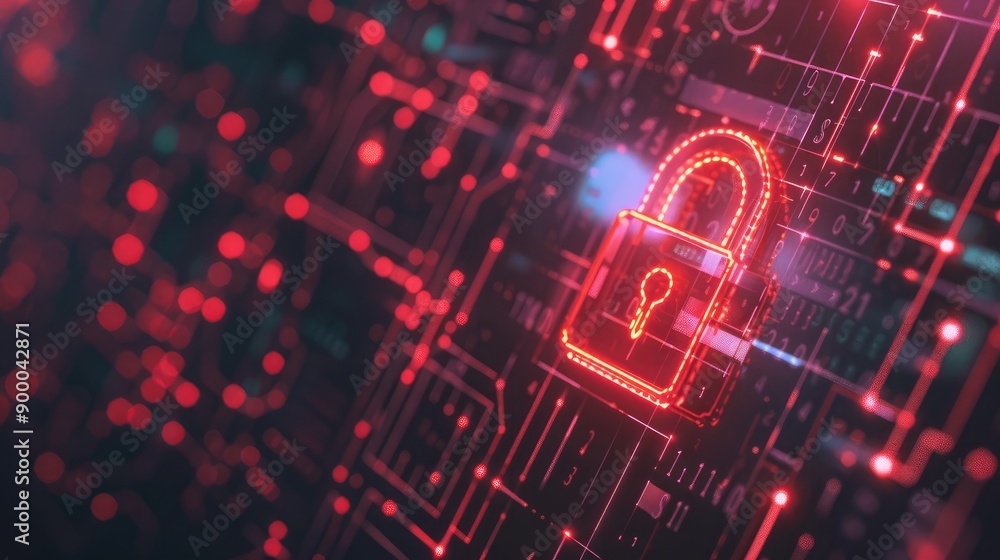 Poster padlock and key icons over an abstract tech background, symbolizing network security and encryption.