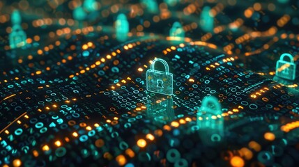 Padlock and shield icons over an abstract binary code background, representing secure network technology.