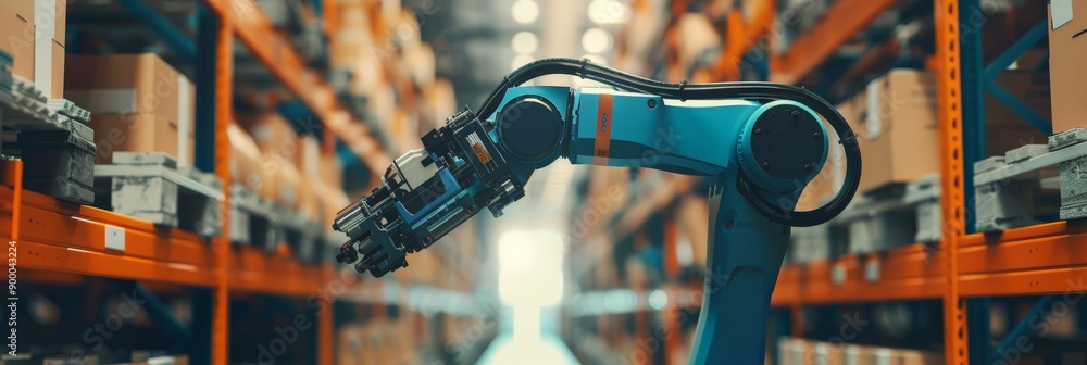 Poster robotic arm in a warehouse handling packages. demonstrating logistics automation and warehouse techn