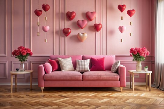 Valentine s themed living room with pink sofa red partition heart decorations on wall interior design