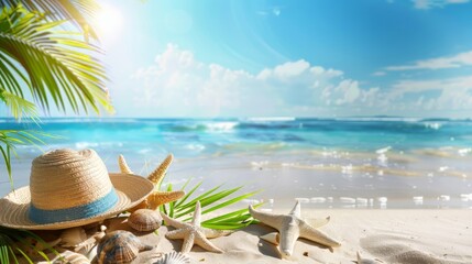 Obraz premium Tropical beach with sunbathing accessories, summer holiday background