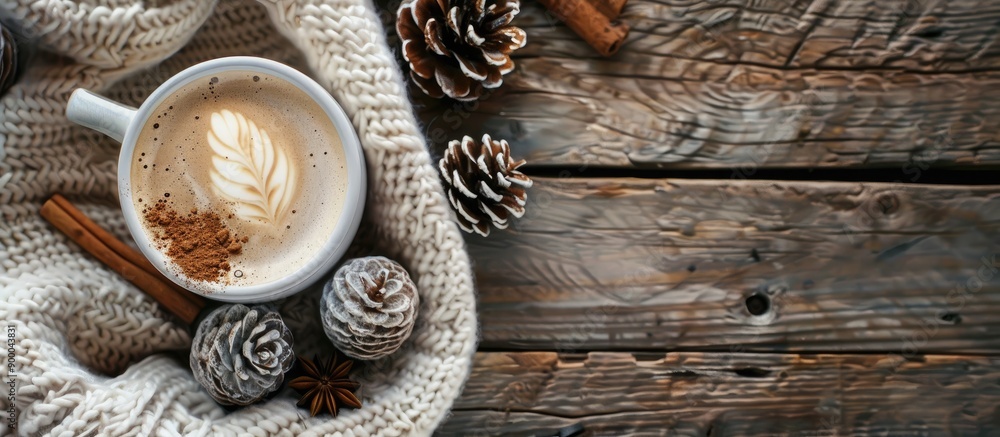 Poster Cozy autumn or winter scene with a cup of coffee soft blanket cinnamon pine cones on wooden backdrop Top view with ample copy space for an image